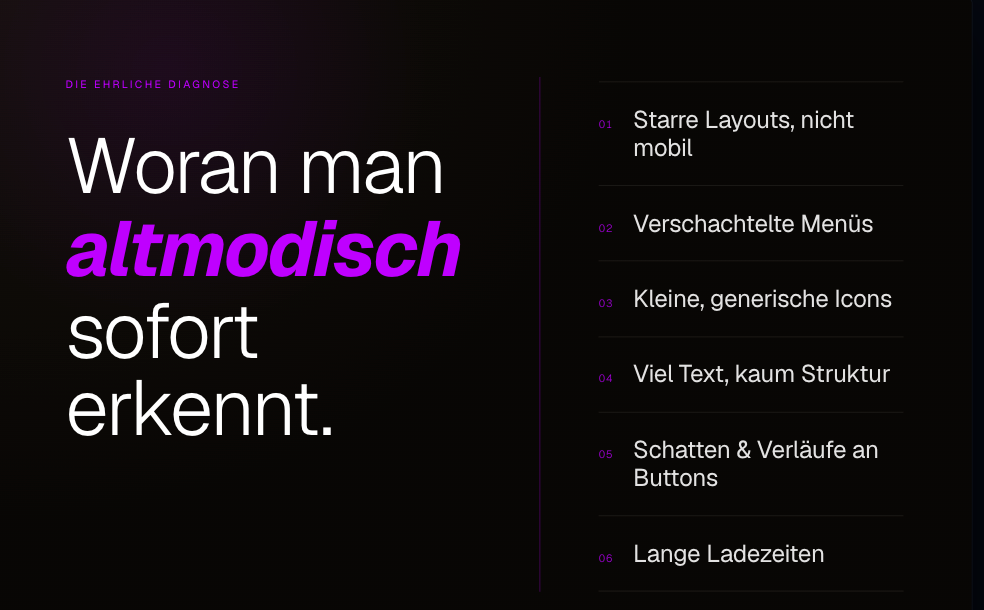 Liste mit Merkmalen, die zeigen, dass eine Website altmodisch aussieht.