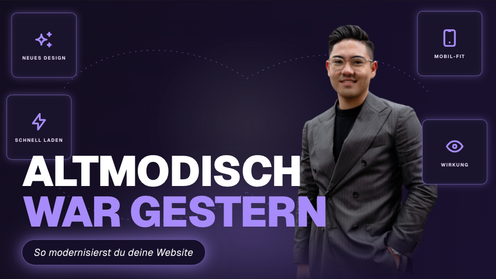 Mann in modischer Kleidung steht neben dem Text 'Altmodisch war gestern' zur Modernisierung der Website.