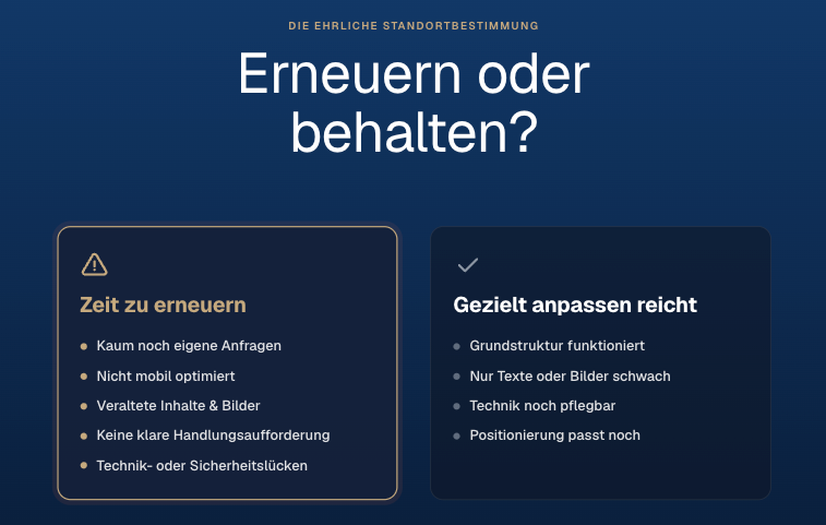 Analyse zur Entscheidung, ob die Website erneuert oder behalten werden sollte.
