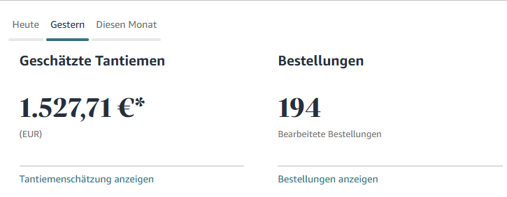 Übersicht der geschätzten Tantiemen und Bestellungen im KDP-System.
