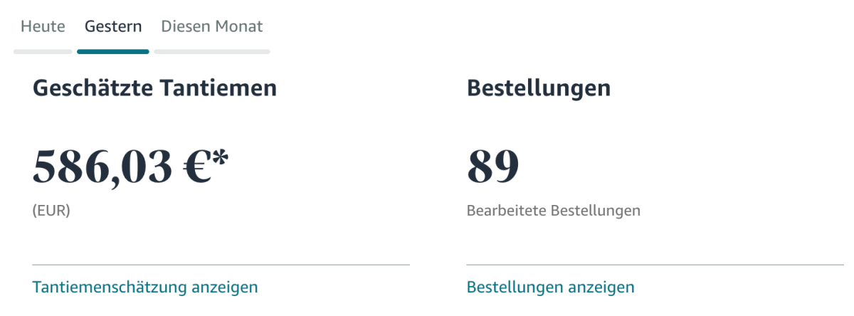 Screenshot der Einnahmen durch Bücher mit 586,03 Euro und 89 Bestellungen.