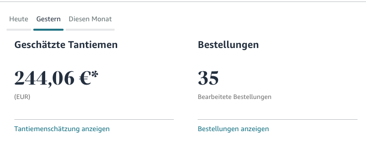 Screenshot der KDP Einnahmen mit 244 Euro und 35 Bestellungen.