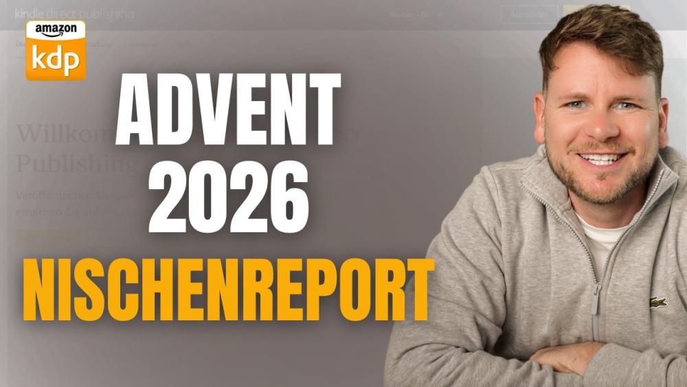 Nischenrecherche: Ein lächelnder Mann präsentiert den Advents-Nischenreport 2026 vor grauem Hintergrund.