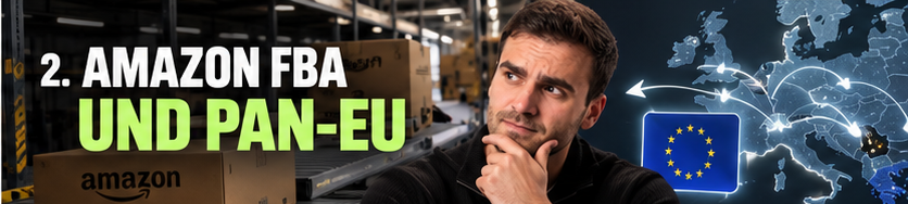 Ein nachdenklicher Mann vor einer Europakarte und EU-Flagge zum Thema Amazon FBA Pan-EU.