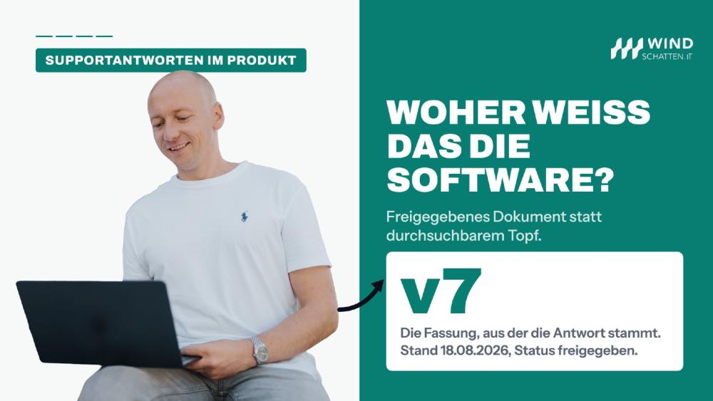 Kunde mit Laptop fragt: "Woher weiß das die Software?" im Support.