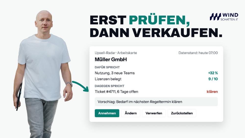 Radar-Dashboard mit Informationen zur Müller GmbH und der Aufforderung zu prüfen und verkaufen.