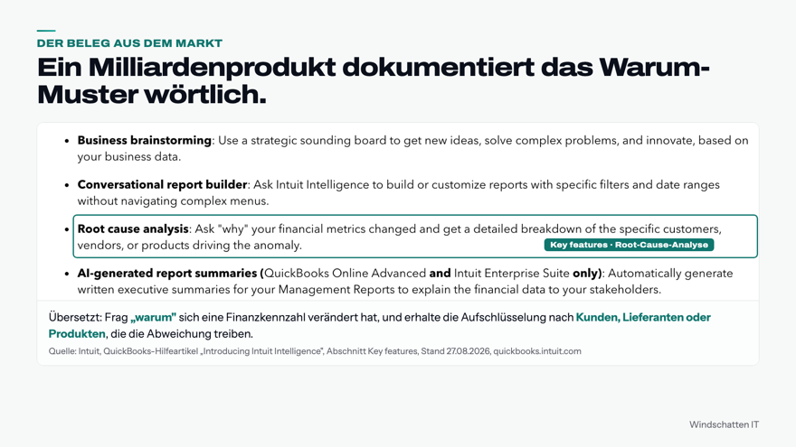 Das Bild zeigt ein Beispiel für die Verwendung eines Warum-Buttons in einer Software zur Umsatzanalyse.
