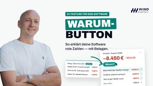 Dashboard mit roter Umsatzzahl und Warum-Button, daneben Fabian Ullmann.