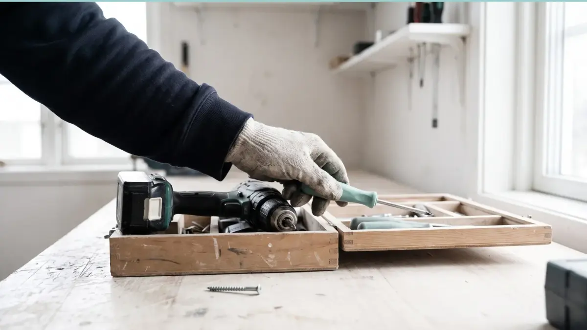 Eine Werkzeugkiste mit einer Bohrmaschine und einem Schraubendreher, essentielles Werkzeug für DIY-Projekte.