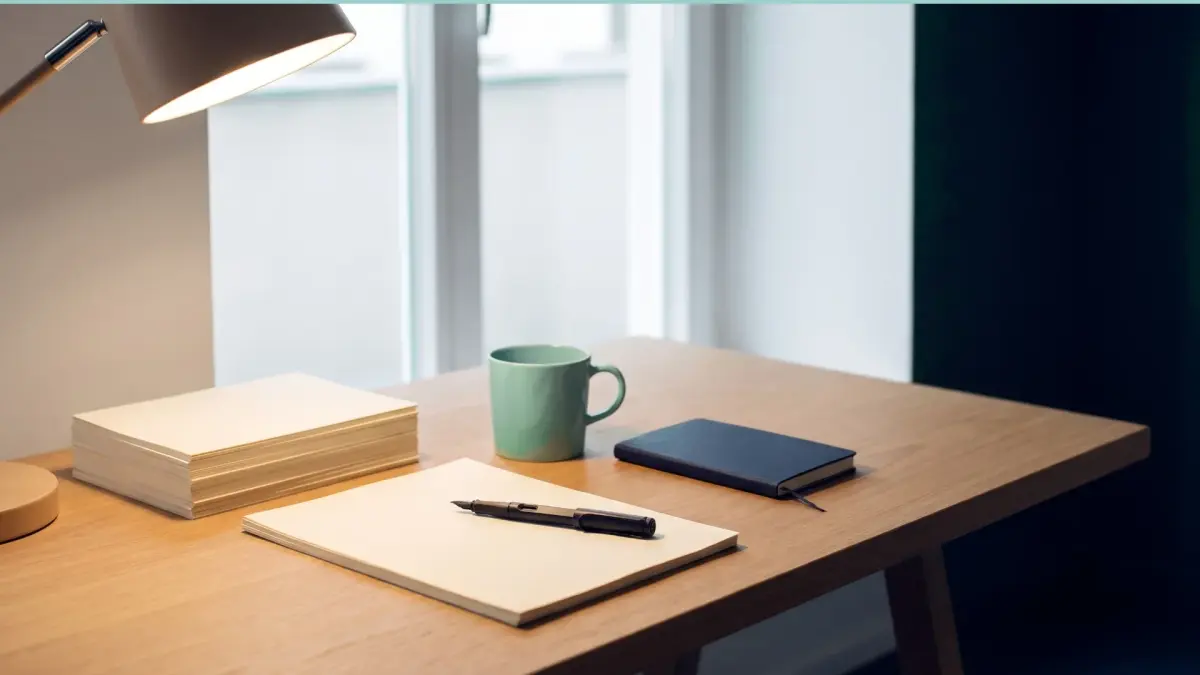 Ein moderner Schreibtisch mit Notizbuch und Kaffeetasse für künstliche Intelligenz Ideen.