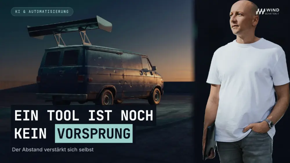 Ein Van mit Dachaufbau steht neben einem Mann, Thema KI-Vorsprung.
