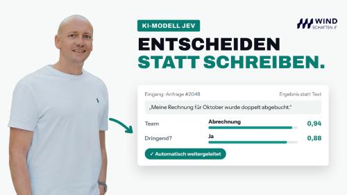 Demo-Ansicht: Jev ordnet eine Anfrage dem Team Abrechnung zu, mit Sicherheitswert 0,94.