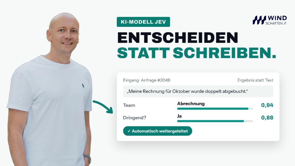 Das KI-Modell Jev zeigt Entscheidungsergebnisse für Support-Anfragen.