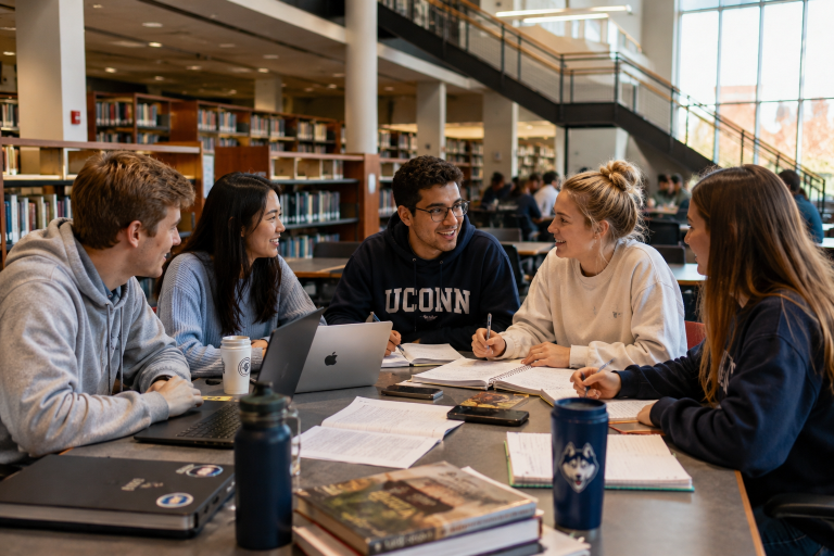 Studierende in einer Bibliothek beim Studium in den USA in Gruppenarbeit.