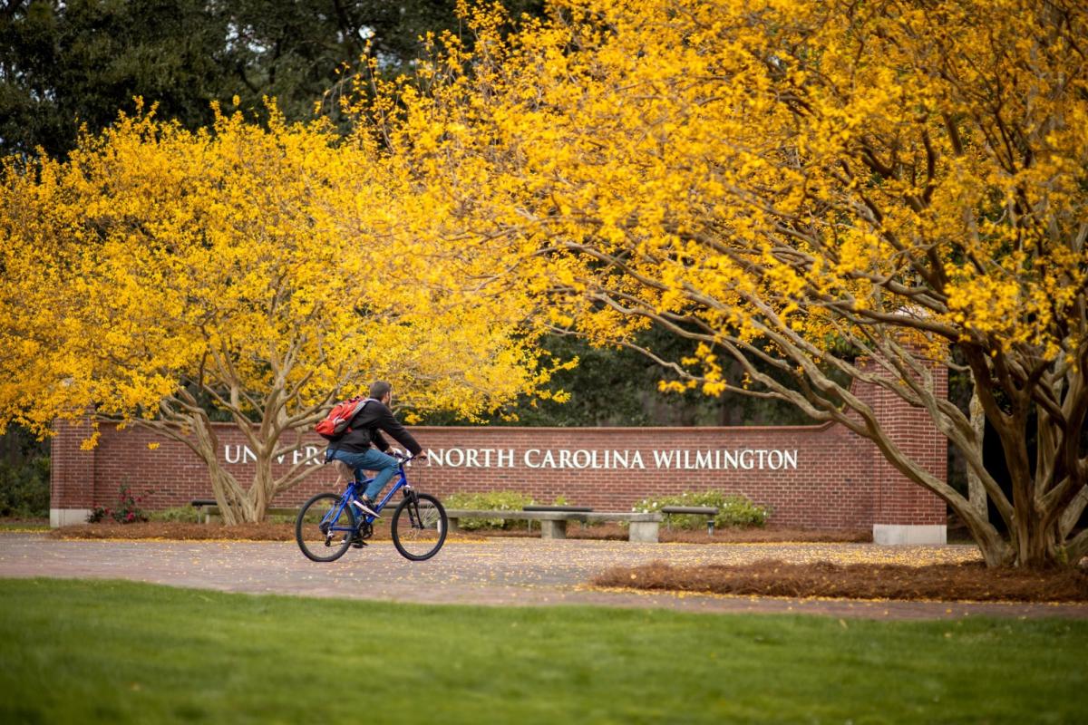 Studierende radelt durch den Campus der Universität North Carolina Wilmington im Herbst.