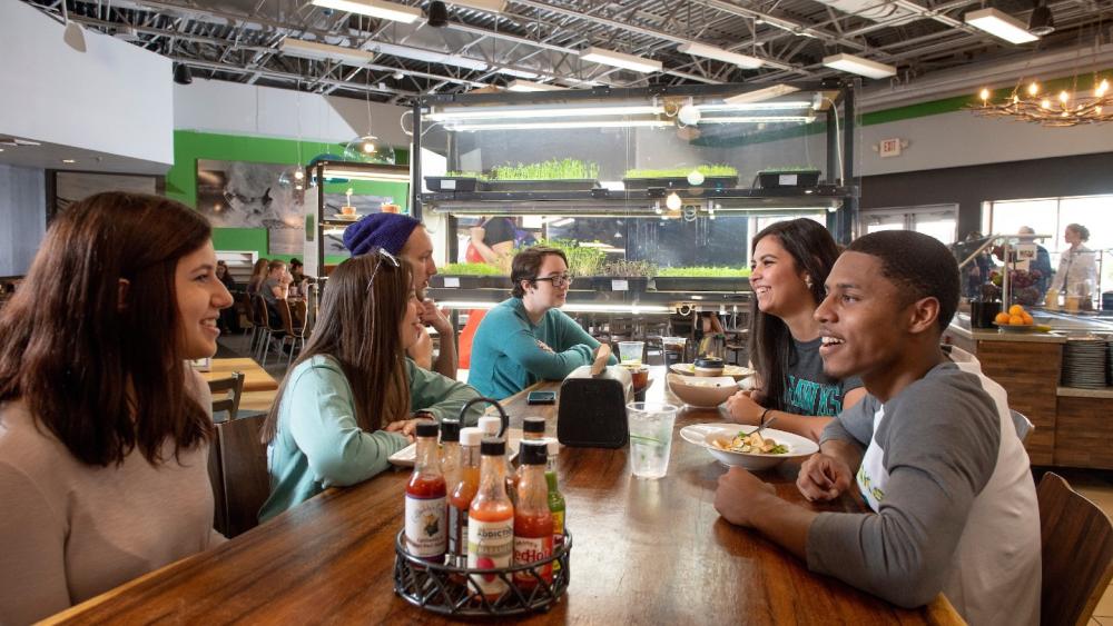 Gruppe von Freunden im Café während eines USA-Studiums.