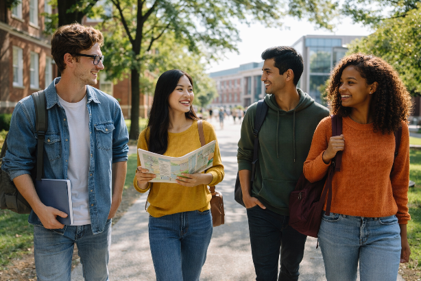Studierende laufen über einen Campus in den USA