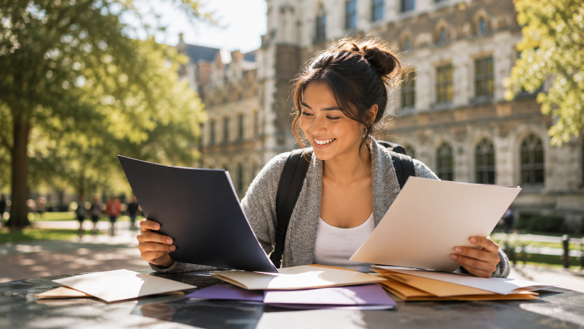 Studentin liest Informationen zu TOEFL oder IELTS im Freien.