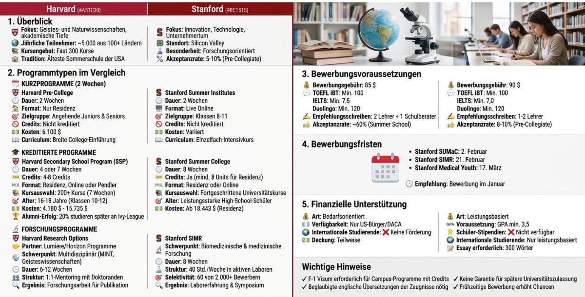 Übersicht der Harvard und Stanford Sommerprogramme mit Infos zu Kursen und Bewerbungsfristen.
