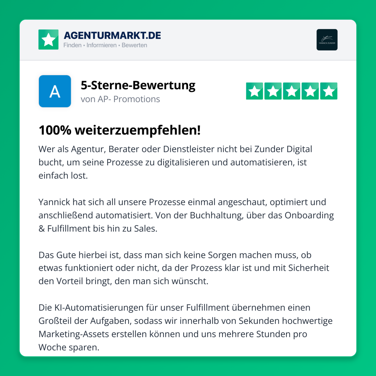 Bewertung von Alexander Penner von der W&P Consulting GmbH über unsere Zusammenarbeit. Wir haben neben anderen Prozessen seiner Agentur sämtliche manuelle Aufgaben im Backoffice automatisiert.