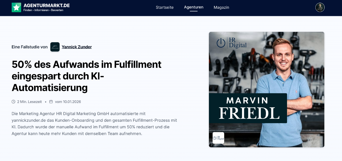 Fallstudie HR Digital Marketing GmbH: 50% des Aufwands im Fulfillment eingespart durch KI-Automatisierungen.