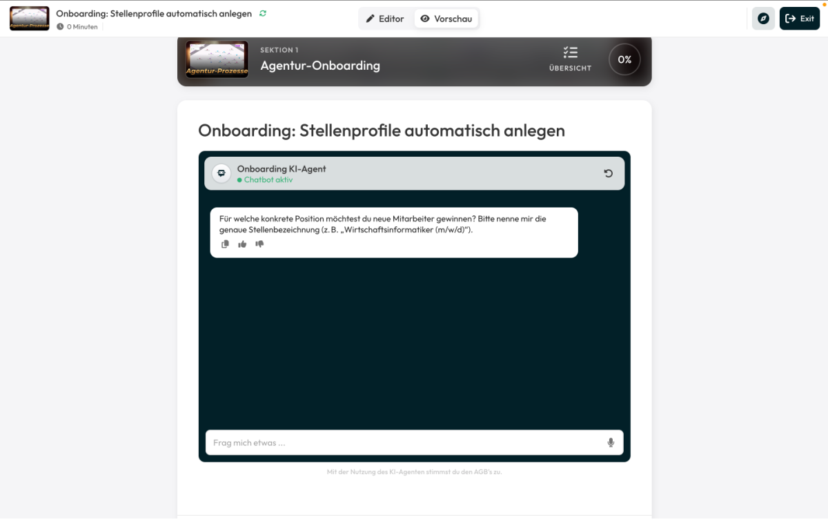 Onboarding-Prozess zur automatischen Erstellung von Stellenprofilen.