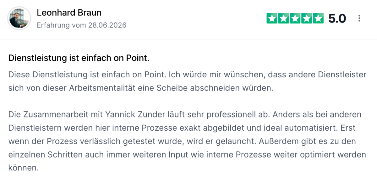 Erfahrungsbericht zu KI-Dienstleister auswählen von Leonhard Braun über seine positive Erfahrung.