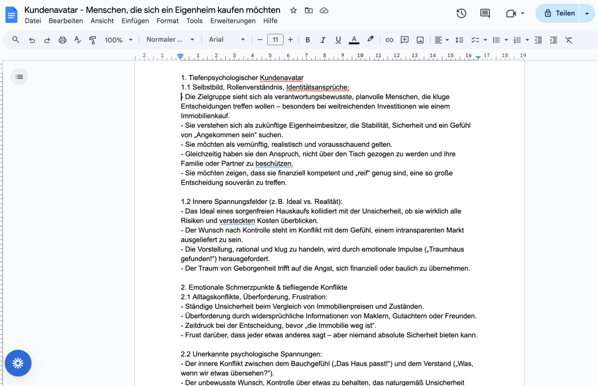 KI-Automation generiert innerhalb von Sekunden tiefenpsychologische Kundenavatare auf Basis der detaillierten Daten aus Onboarding-Gesprächen oder Strategie-Meetings. Ein Hochwertiges Marketing-Asset, das in weiteren KI-Automation genutzt werden sollte, etwa für die Generierung von Werbetexten für Ads und Webseiten.