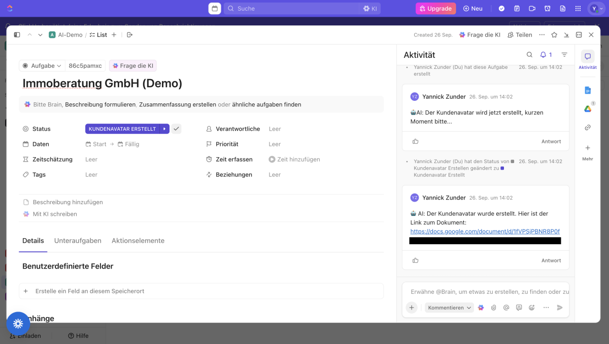 KI wird als digitaler Mitarbeiter direkt in Prozesse von Agenturen integriert. Innerhalb eines Kanban-Boards im Projektmanagement Tool ClickUp muss ein Mitarbeiter nur den Status der Karte