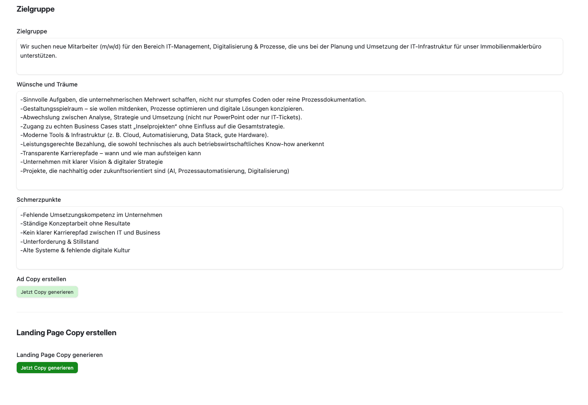 Mitarbeiter bedienen das Airtable-KI-System und können auf Knopfdruck conversion-optimierte Werbetexte für Ads und Landingpages via KI generieren.