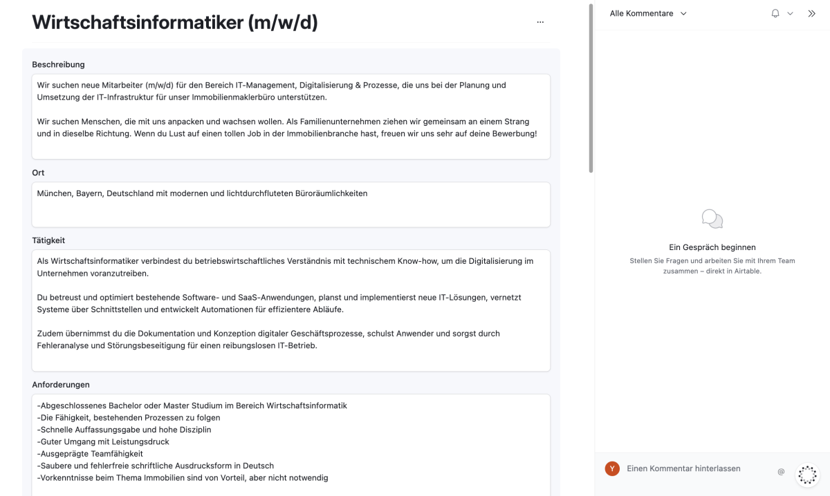Das Bild zeigt Demodaten zu einer offenen Position, die zentral in Airtable gespeichert werden. Airtable erfasst Kundenprofile, Leistungsprofile und Stellenprofile deiner Kunden. Diese hochwertigen Daten werden von KI-Automatisierungen genutzt, um Marketing-Assets, wie zum Beispiel Werbetexte für Meta Ads oder Landingpages, zu erstellen.&nbsp;