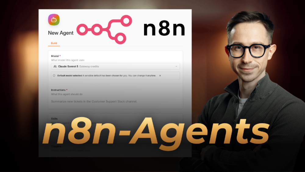 n8n Agents erklärt mit Screenshot und einem Experten im Bild.