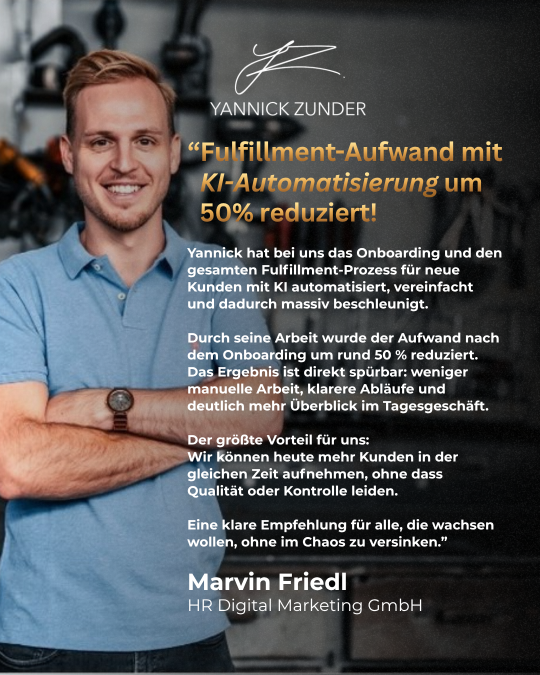 Bewertung von Marvin Friedl von der HR Digital Marketing GmbH über die Zusammenarbeit mit Yannick Zunder