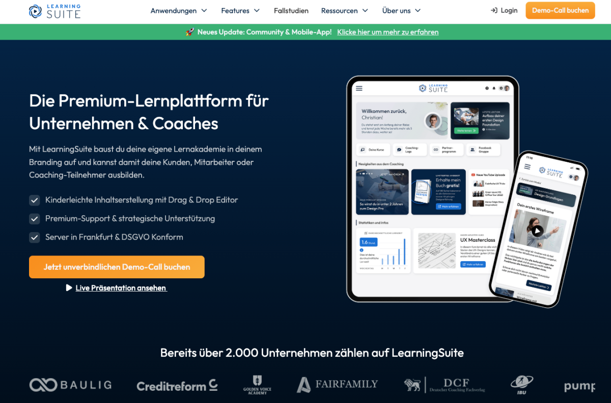 LearningSuite ist eine digitale Lernplattform für Unternehmen und Coaches.