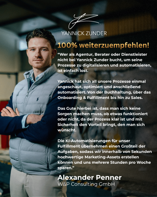 Ein zufriedener Berater empfiehlt automatische KI-Fließbandprozesse für Agenturen.