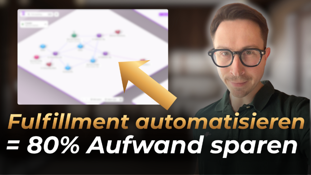 Eine Person zeigt auf eine Grafik, die beschreibt, wie Fulfillment automatisiert werden kann, um 80% Aufwand zu sparen.