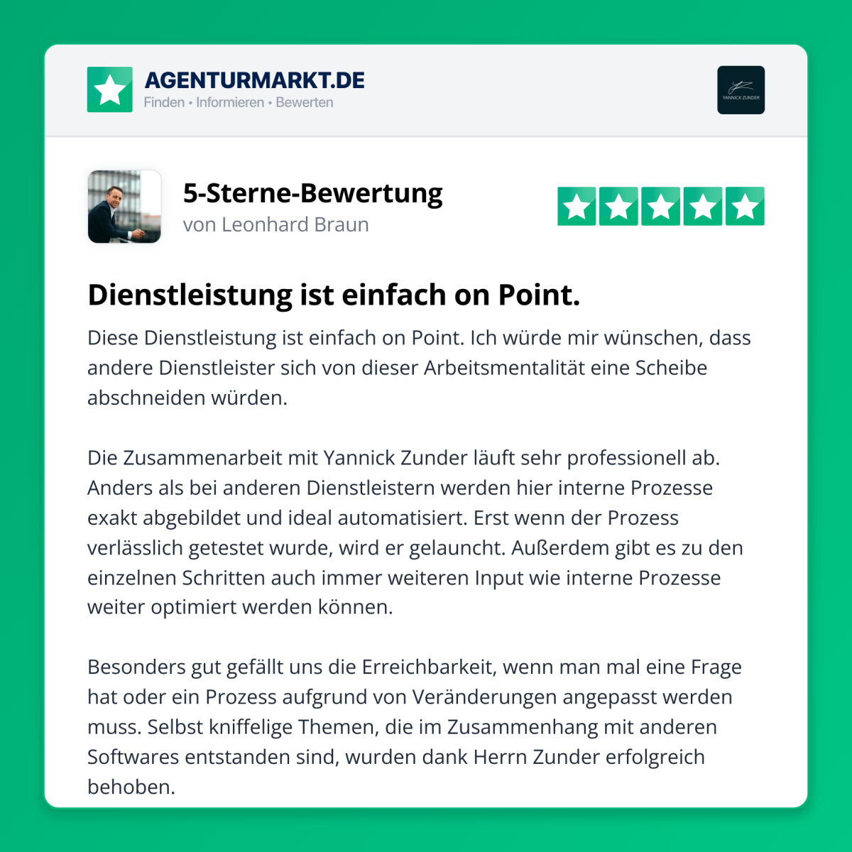 5-Sterne-Bewertung zu KI-Projekten von Agenturen durch Leonhard Braun.
