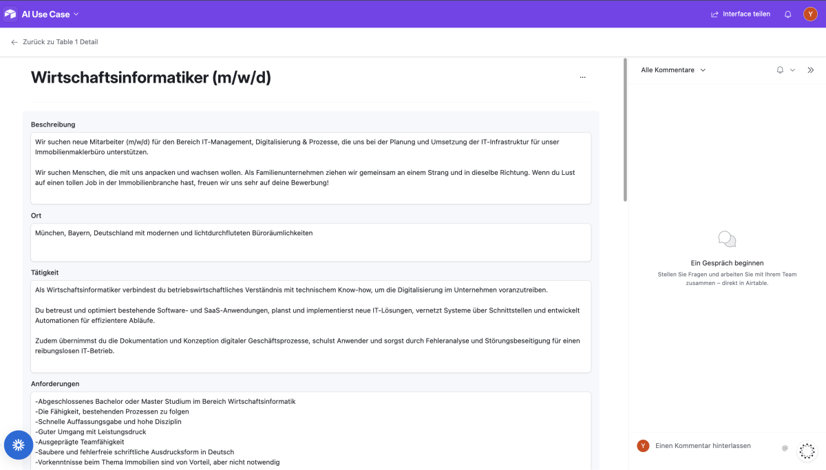 Alle Daten aus dem Onboarding-Gespräch werden automatisch via KI verarbeitet und jedem Kunden in der Datenbank Airtable zugeordnet. In diesem Beispiel alle Informationen zu einer offenen Position, die via Meta Ads beworben werden soll, um qualifizierte Mitarbeiter zu gewinnen. Diese Daten können dann auch später im Fulfillment wiederverwendet werden, um auf Knopfdruck weitere Marketing-Assets zu generieren.
