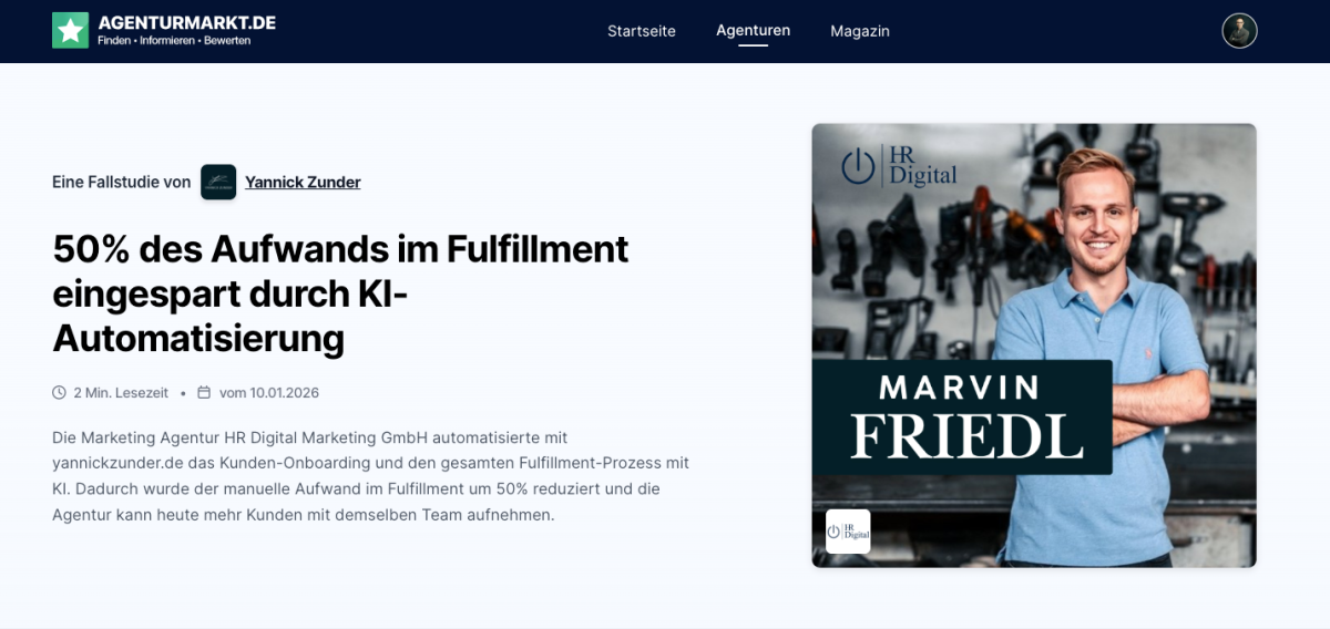 50% des Aufwands im Fulfillment eingespart durch KI-Automatisierung bei der HR Digital Marketing GmbH.