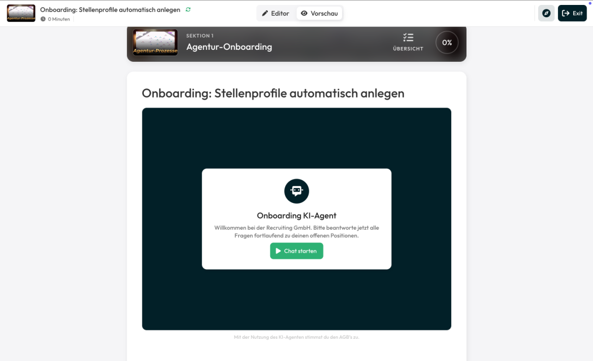 Kunden-Onboarding durch KI-Agenten: Der KI-Agent durchläuft in Interaktion mit deinen Kunden einen definierten Fragenkatalog und holt alle relevanten Informationen für dein Fulfillment ein. Es entsteht automatisch ein detailliertes Kundenprofil, das in einer zentralen Datenbank abgespeichert wird. Diese Daten werden im Anschluss von weiteren KI-Automatisierungen genutzt, um automatisch in Sekunden Marketing-Assets zu produzieren.