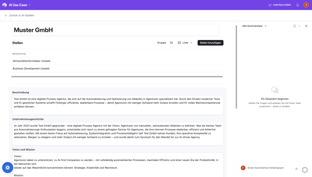 Das KI-System extrahiert das Kundenprofil automatisch aus dem Transkript des Gesprächs und speichert alle Informationen detailliert und strukturiert in einer KI-Datenbank.