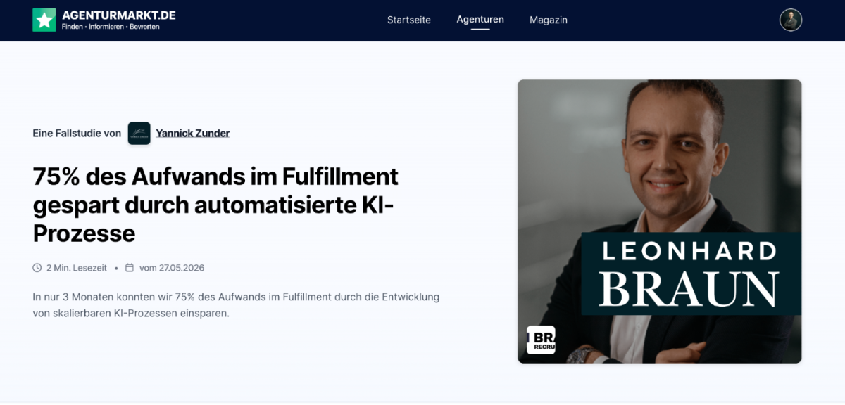 Für Leonhard Braun von der Braun Consultancy GmbH haben wir einen individuellen After-Close-Prozess und auch automatisierte KI-Prozesse für das Fulfillment seiner Social Recruiting Agentur aufgebaut, sodass er sich jetzt 75% des Aufwands im Fulfillment einspart. Solche Ergebnisse sind problemlos auch für dich möglich. Trag dich jetzt auf yannickzunder.de für deine kostenlose Prozessanalyse ein.