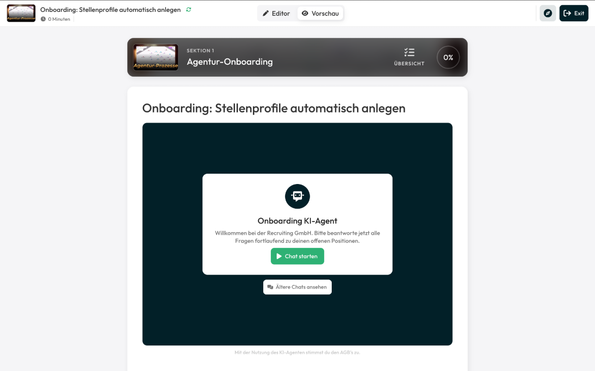 Screenshot eines KI-Agenten für automatisiertes Onboarding zur Erstellung von Stellenprofilen.