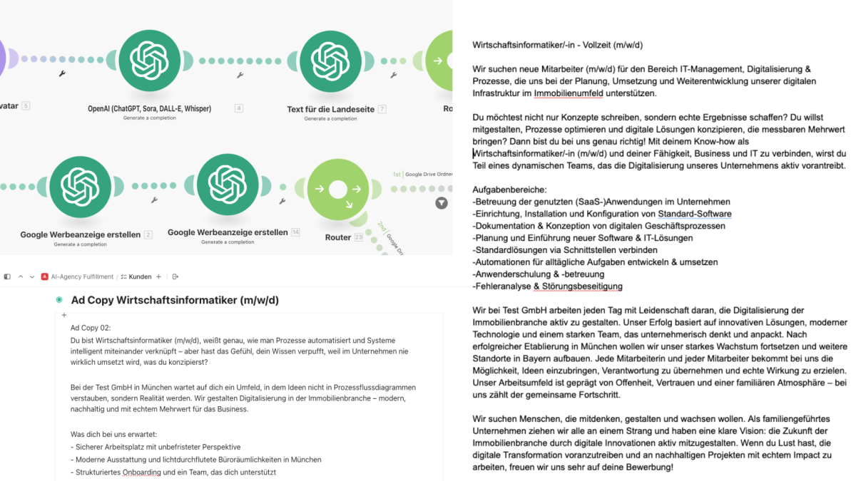 Durch intelligente KI-Automation werden innerhalb von weniger Sekunden auf Basis der gesammelten Informationen in Onboarding-Gesprächen mit Kunden hochwertige Werbetexte für Meta oder Google Ads und Landingpages generiert - egal ob Social Recruiting oder Neukundengewinnung. Ein erfahrener Werbetexter kann die Texte im Anschluss dann noch mit seinem Know-How optimieren oder direkt nutzen. So schafft man es das 4-5-Fache an Output mit demselben Team zu produzieren.