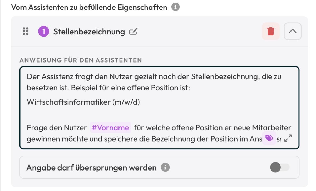 Der KI-Onboarding-Agent fragt nach der Stellenbezeichnung für Bewerber.