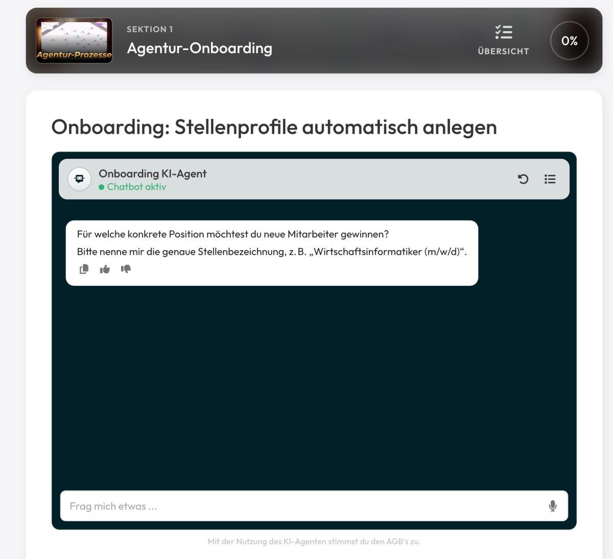 Onboarding KI-Agent fragt nach Stellenprofilen zur Mitarbeitergewinnung.