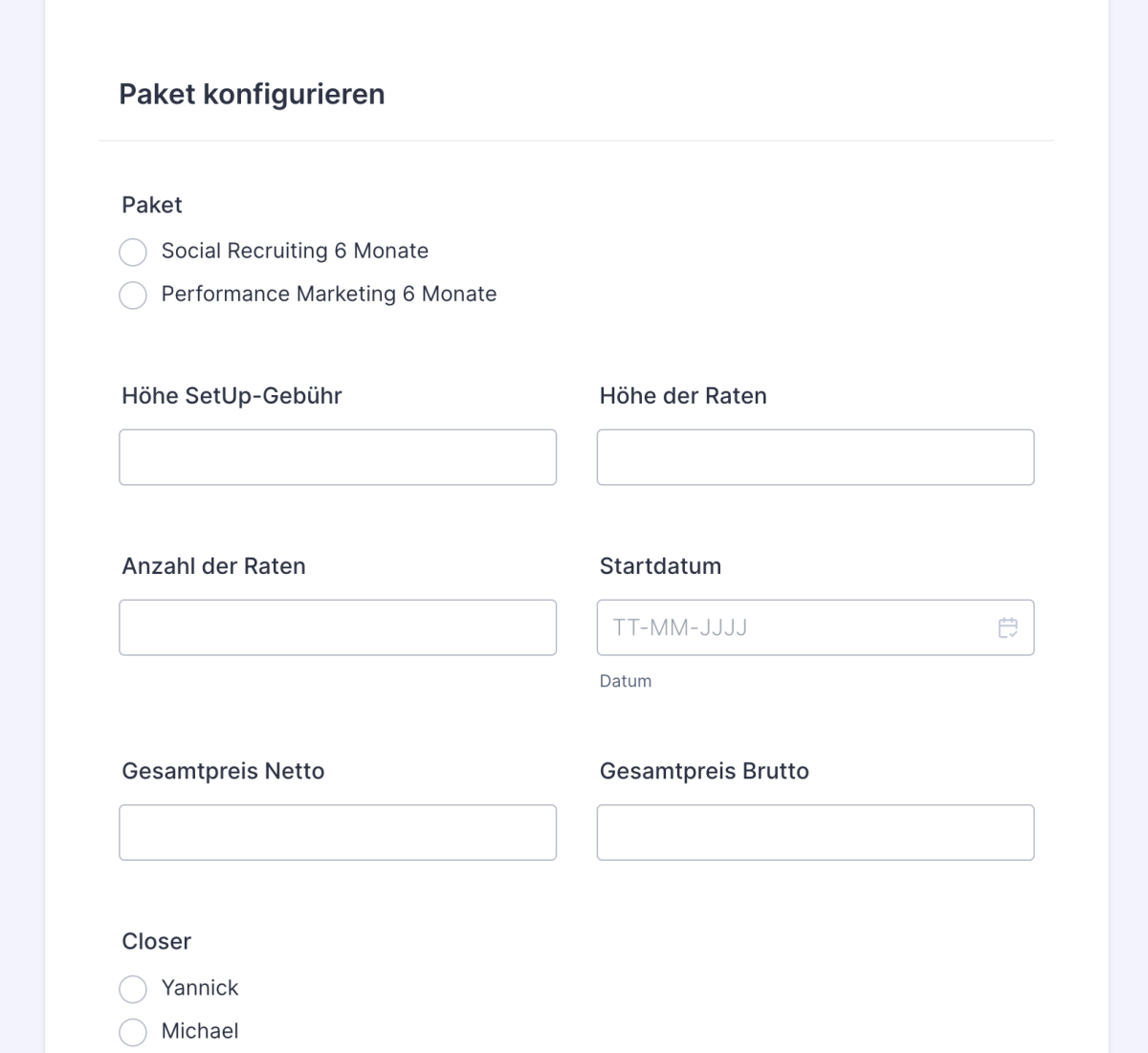 Automatische Angebotserstellung: In einem Jotform-Formular kann ein Angebot (z.B. Social Recruiting für 6 Monate) zu jeder Dienstleistung in einer Agentur konfiguriert werden. Nachdem das Formular abgesendet wird, wird die Automatisierung im Hintergrund ausgelöst und erstellt innerhalb von weniger Sekunden ein Angebot und sendet es an den Interessenten/Kunden.