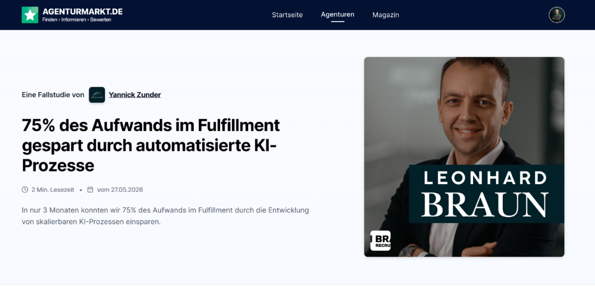 Die Braun Recruiting GmbH spart 75% des Aufwands im Fulfillment ein durch unsere entwickelten KI-Prozesse.