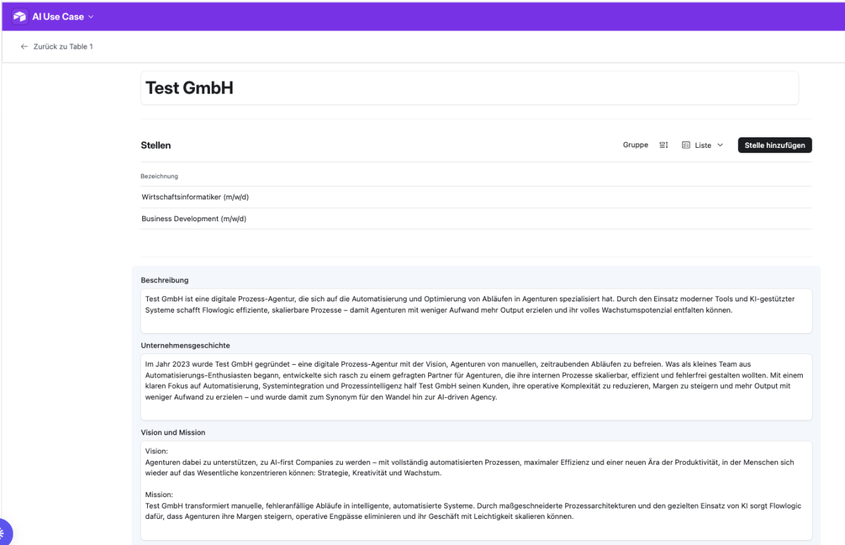 Airtable-KI-Systeme: In einer zentralen Datenbank werden alle Informationen aus Onboarding-Gesprächen strukturiert gespeichert via KI-Automation. Fulfillment-Mitarbeiter bedienen das System und können auf Knopfdruck hochwertige Werbetexte für Werbeanzeigen auf Meta und für Landingpages generieren, um so täglich mehrere Stunden an Arbeitszeit einzusparen.