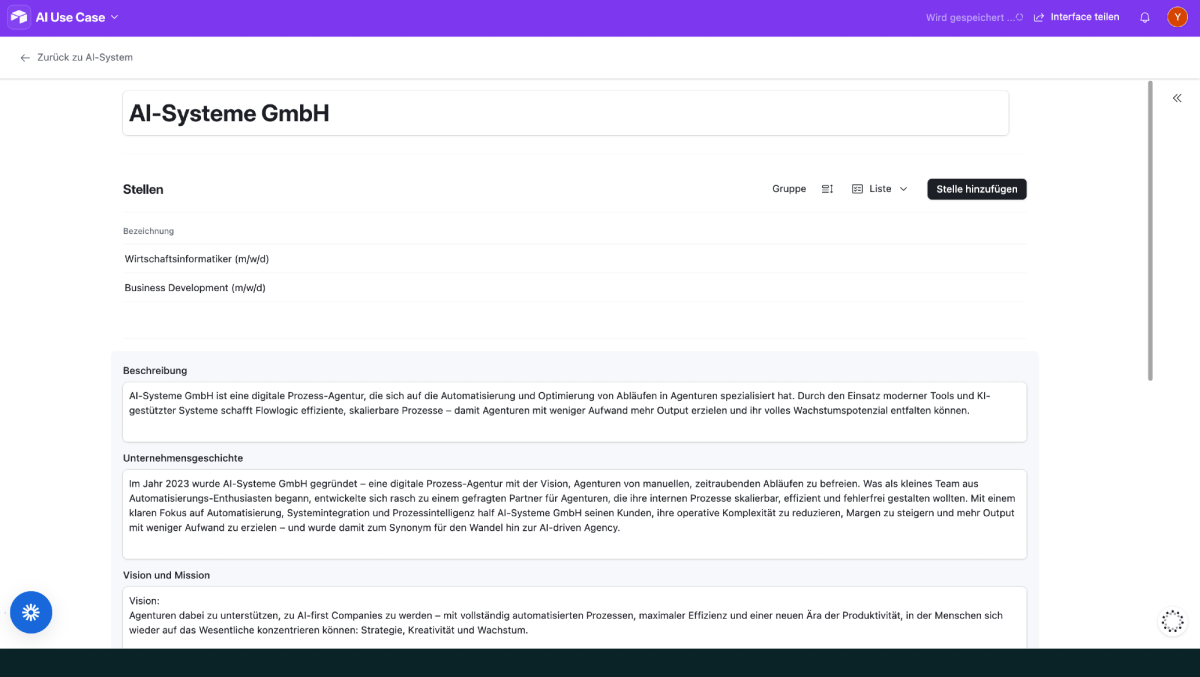 Demo-Interface in Airtable: Erfasse alle Kundenprofile in Airtable nach einem Onboarding-Call und visualisiere diese in einem Interface. Auf Basis dieser Daten kannst du im Anschluss von KI hochwertige Marketing-Assets erstellen lassen, wie z.B. Werbetexte und komplette Webseiten.